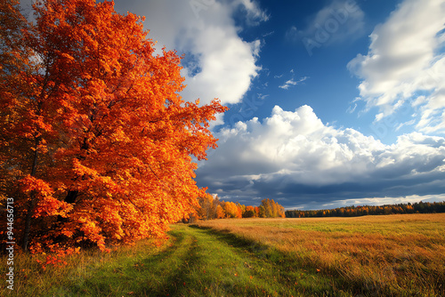 Beautiful autumn landscape with vibrant orange trees, a pathway, and a partly cloudy sky under a brilliant blue backdrop.