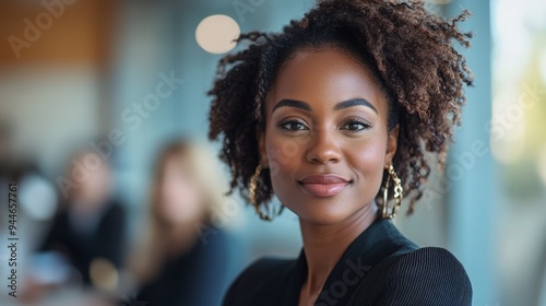 Black business woman leading a group of colleagues in a modern office boardroom