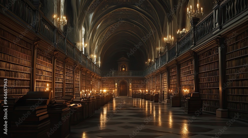 Fototapeta premium A Long, Dark, And Arched Library Hallway Illuminated by Candlelight