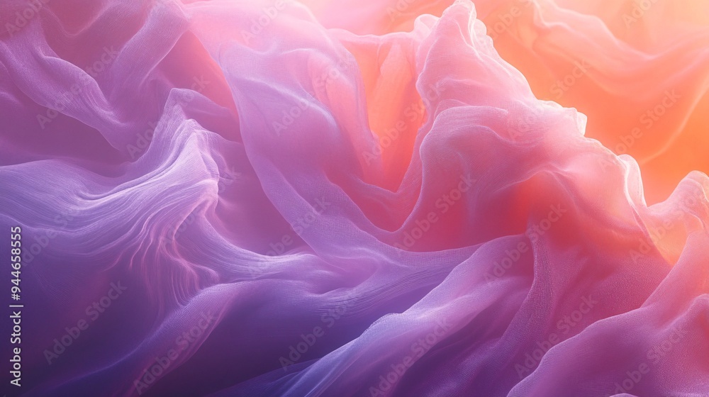 Fototapeta premium Soft, flowing fabric in shades of purple and orange creates a dreamy abstract scene.