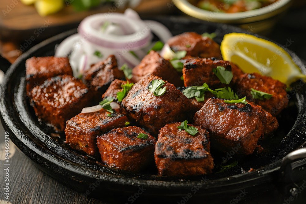 Sizzling platter of tandoori Soya Chaap, marinated soy protein with smoky, charred spices, garnished with onions and lemon. Sizzling platter of tandoori Soya Chaap, marinated soy protein with smoky, charred spices, garnished with onions and lemon.