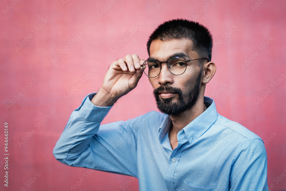 Obraz premium Portrait of handsome bearded Asian man wearing glasses and shirt on pink background, looking at the camera.