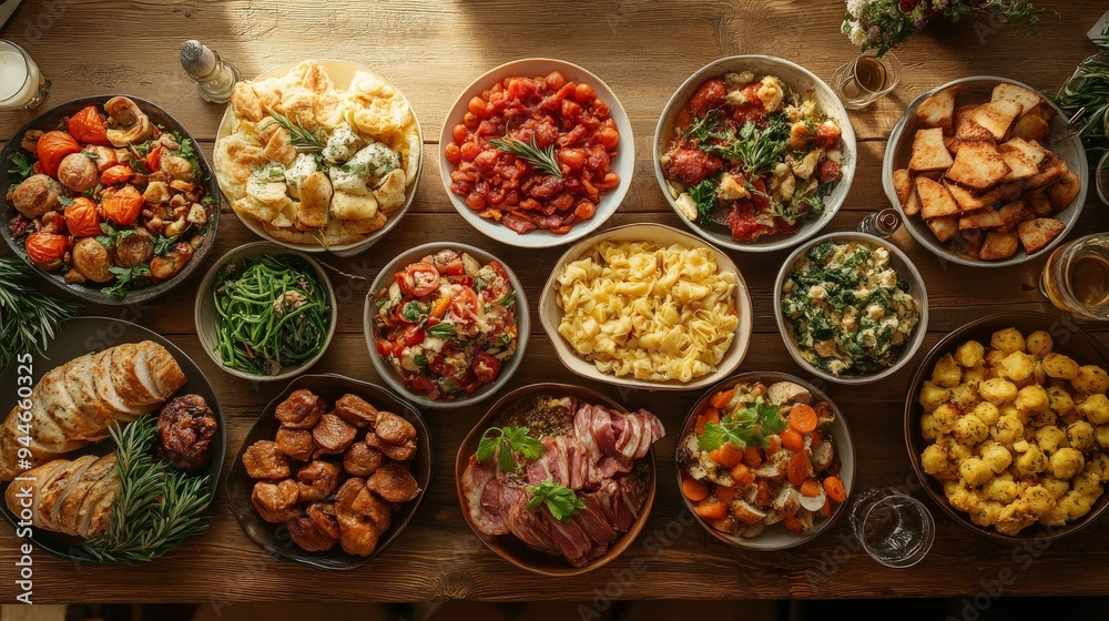 Happy buffet food dishes background top view Happy buffet food dishes background top view