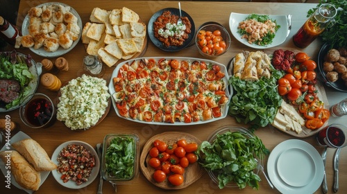 Happy buffet food dishes background top view