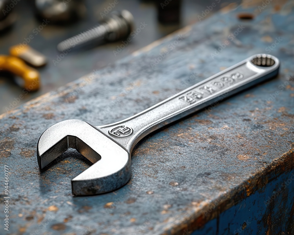 Adjustable wrench on a workbench, with tools and mechanical parts, Practical, Bright, Detailed Adjustable wrench on a workbench, with tools and mechanical parts, Practical, Bright, Detailed