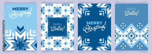 A set of winter backgrounds with snowflakes, pattern, frame and handwritten inscription. Beautiful elegant flyer with ornaments in scandinavian style. Postcard, price tag, tag, cover.