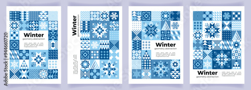 Set of winter abstract backgrounds with geometric elements, patterns, quilt motifs. Modern poster in scandinavian style with snowflakes, ornaments and geometric shapes. Flyer, banner, invitation