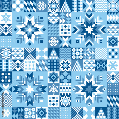 Winter geometric pattern with quilt elements in Scandinavian style. Creative abstract ornament with Norwegian snowflakes. Background, texture for fabric, textile, paper, packaging, tiles