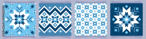 A set of abstract geometric backgrounds in scandinavian style. Norwegian pattern, ornament, stylized snowflake. Poster, print, decorative element, decoration
