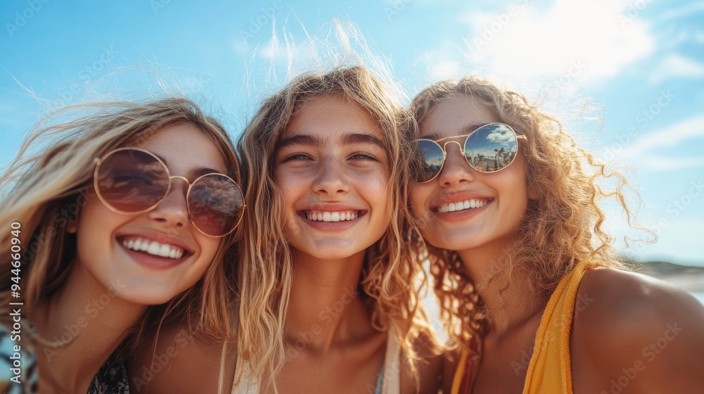 Happy young friends enjoying outdoor time together under blue sky Happy young friends enjoying outdoor time together under blue sky