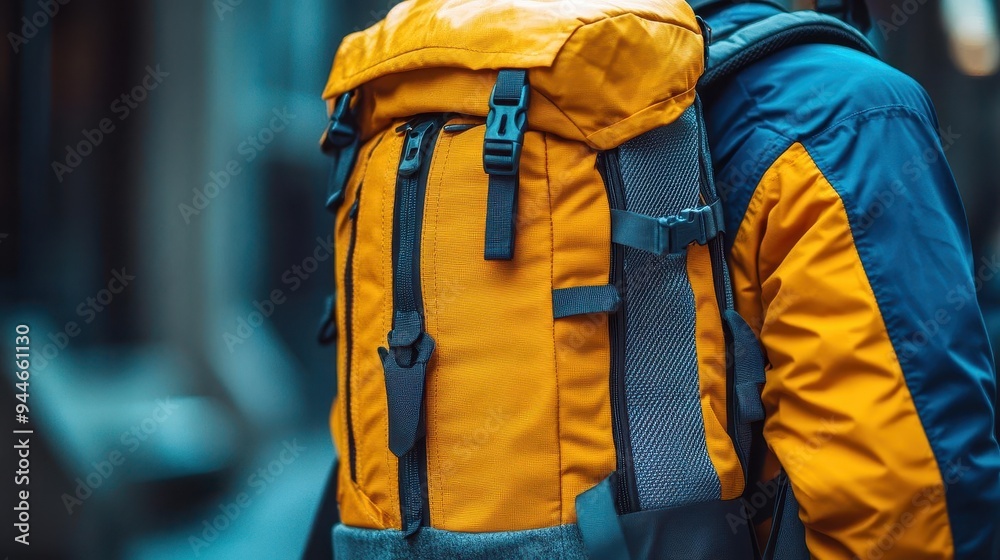 Backpack with zippers, packed and ready for an adventure, Practical, Bright, Detailed Backpack with zippers, packed and ready for an adventure, Practical, Bright, Detailed