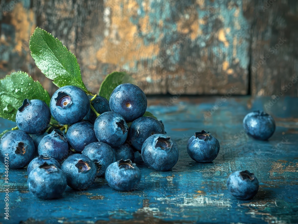 Blueberry bunch scattered on a rustic table, with a focus on freshness and color, Fresh, Cool Tones, Detailed Blueberry bunch scattered on a rustic table, with a focus on freshness and color, Fresh, Cool Tones, Detailed