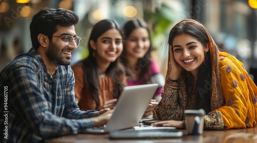 Indian young businesspeople using laptop in group meeting at desk.