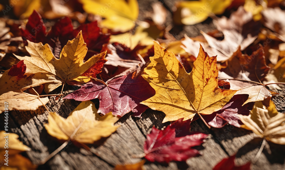 Fallen leaves in shades of yellow and red blanket a wooden surface Fallen leaves in shades of yellow and red blanket a wooden surface