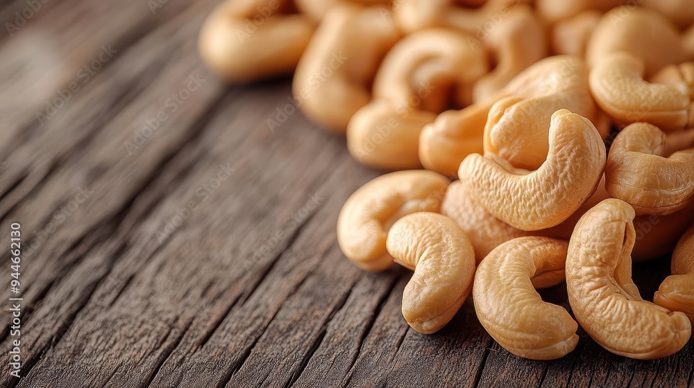 Fototapeta premium Cashews scattered on a wooden table, with a focus on their unique shape, Nutty, Warm, Detailed
