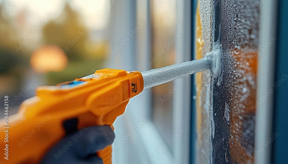 Caulking gun in action, sealing a window frame, with a focus on detail, Practical, Bright, Detailed Caulking gun in action, sealing a window frame, with a focus on detail, Practical, Bright, Detailed