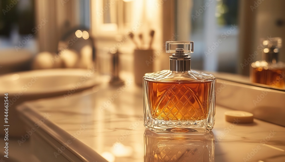 Cologne bottle on a bathroom counter, with a focus on luxury and detail, Sophisticated, Warm, Detailed Cologne bottle on a bathroom counter, with a focus on luxury and detail, Sophisticated, Warm, Detailed