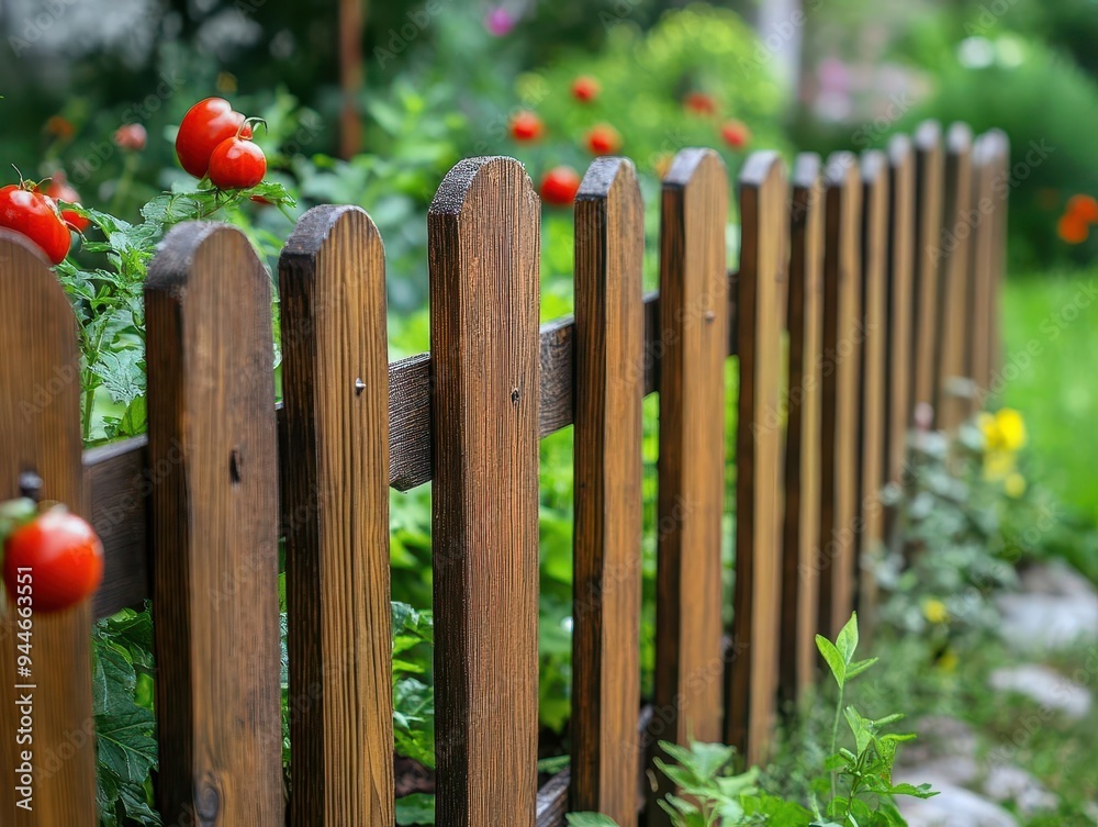 Fototapeta premium Garden fence around a vegetable patch, with a focus on protection and organization, Practical, Bright, Detailed