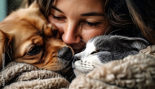 A close-up of a woman holding her dog and cat close to her, with a warm smile on her face, emphasizing the deep emotional connection between a pet owner and her animals. photo