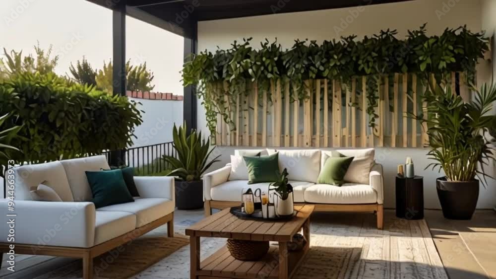 outdoor living area featuring white furniture and a fence decorated with green plants. outdoor living area featuring white furniture and a fence decorated with green plants.