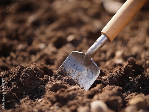 Garden trowel digging into rich soil, ready for planting, Earthy, Bright, Detailed photo