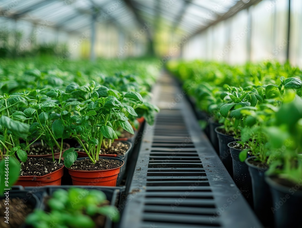 Greenhouse filled with thriving plants, with a focus on growth and care, Fresh, Bright, Detailed Greenhouse filled with thriving plants, with a focus on growth and care, Fresh, Bright, Detailed