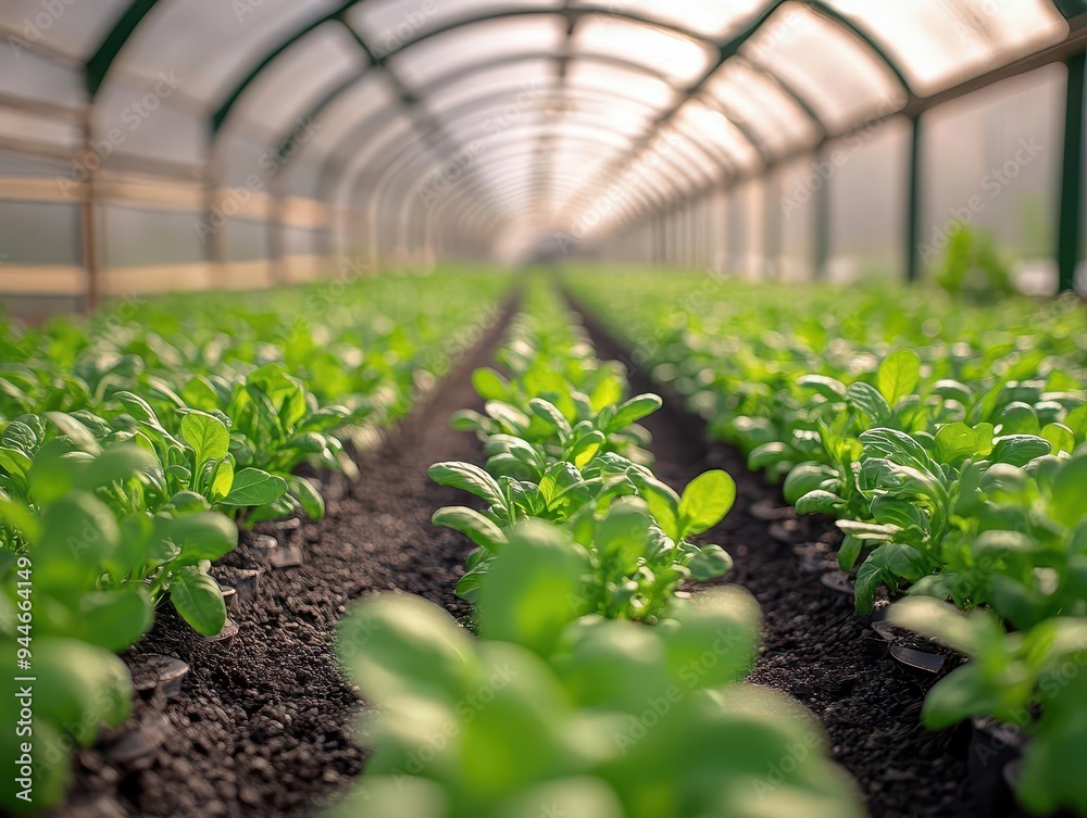 Greenhouse filled with thriving plants, with a focus on growth and care, Fresh, Bright, Detailed