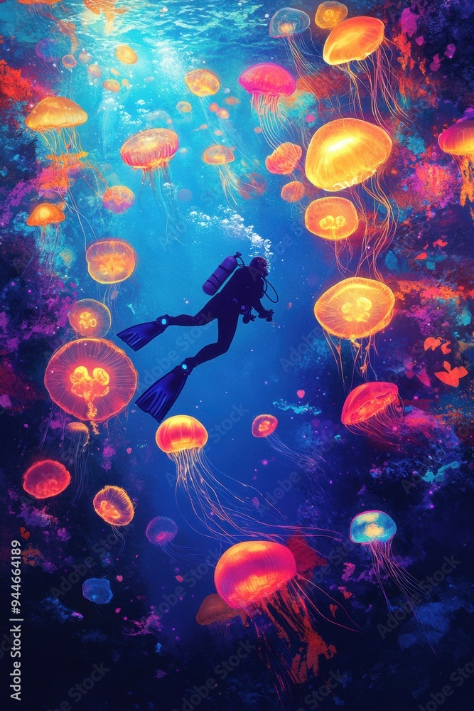 Diver in deep sea with glowing jelly fish Diver in deep sea with glowing jelly fish