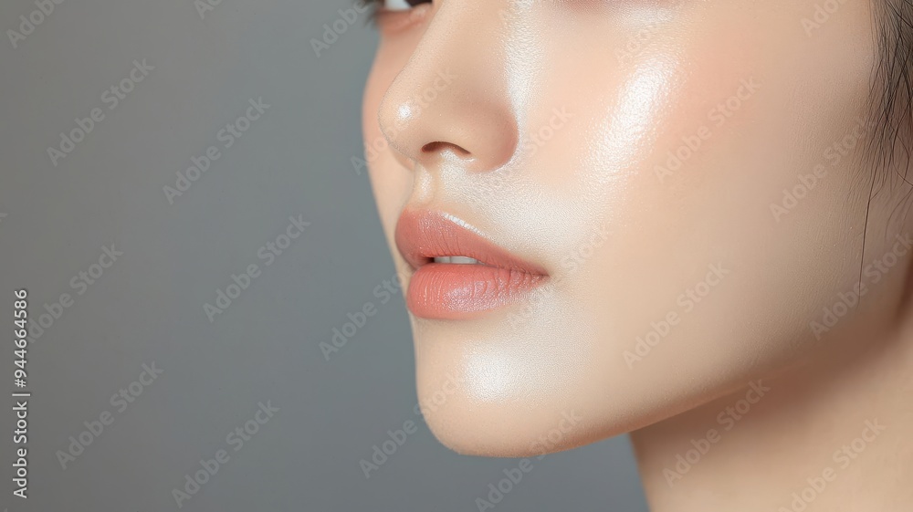 Close-up of an Asian woman s face, with luminous, well-hydrated skin, natural light highlighting her clear complexion, luminous skin, hydrated complexion, natural radiance Close-up of an Asian woman s face, with luminous, well-hydrated skin, natural light highlighting her clear complexion, luminous skin, hydrated complexion, natural radiance