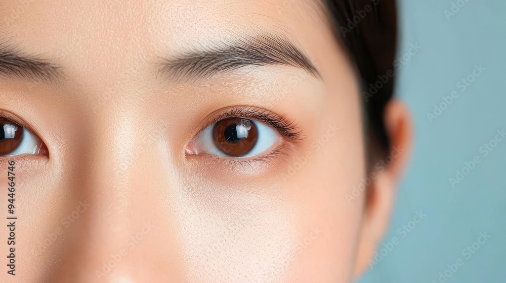 Close-up of an Asian woman s face, with luminous, well-hydrated skin, natural light highlighting her clear complexion, luminous skin, hydrated complexion, natural radiance