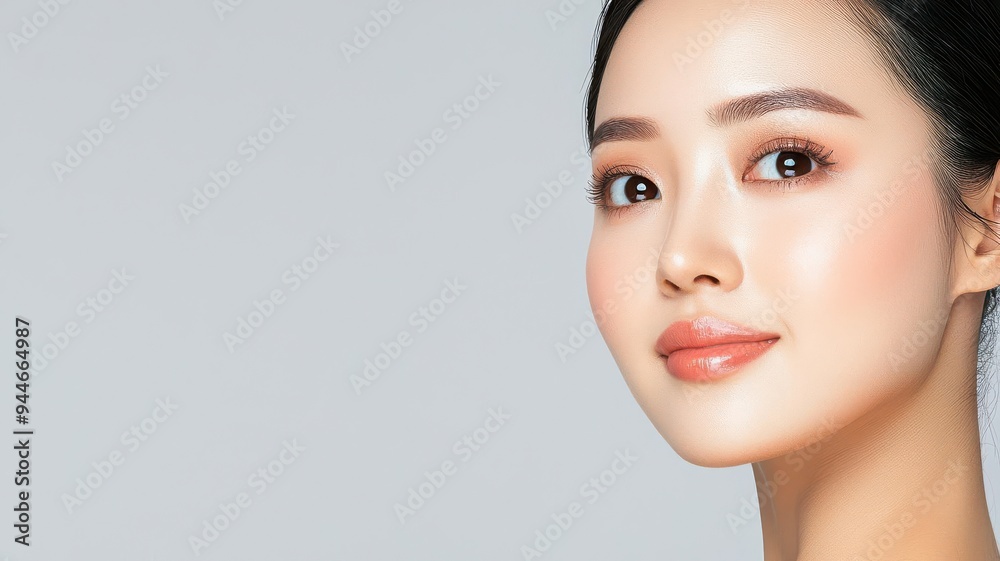 Close-up of an Asian woman with flawless, glowing skin, soft natural light enhancing her radiant complexion, beautiful skin, radiant complexion, natural beauty