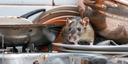 Close up of a young rat Rattus norvegicus climbing on dirty dishes in a kitchen sink Two old pans and a plate are in the foreground with a shallow depth of field focused solely on the rat photo