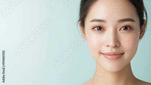 Close-up of an Asian woman with a fresh, glowing complexion, her skin appearing naturally radiant under soft lighting, fresh skin, glowing complexion, natural beauty