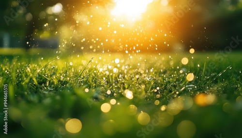 Lawn sprinkler watering a green lawn, with droplets catching the sunlight, Fresh, Bright, Detailed