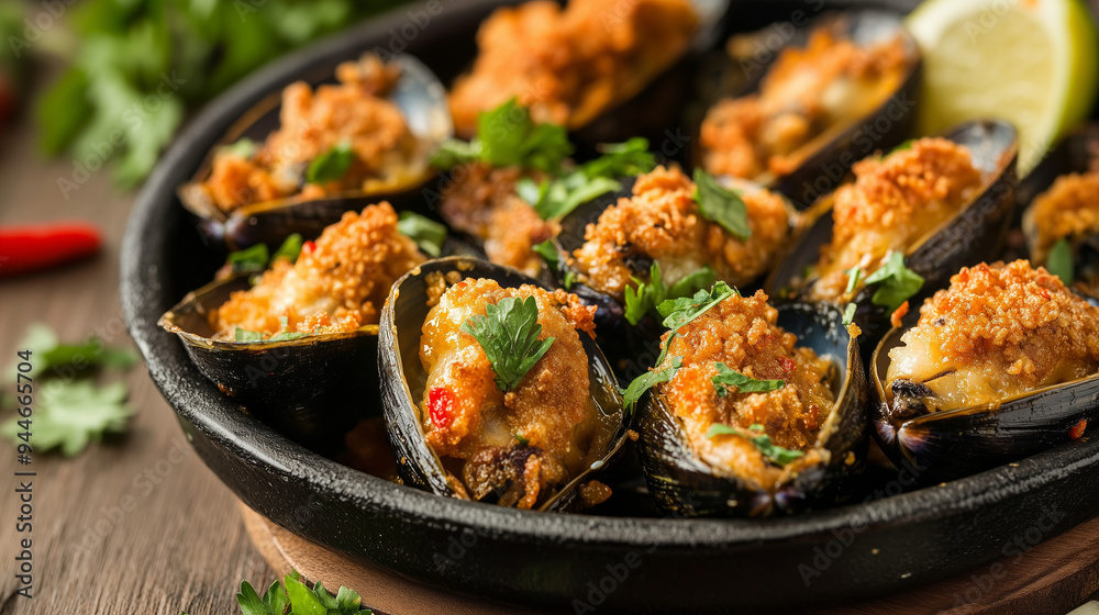 Fried delicious mussels with herbs in the shell. Seafood. Homemade Caribbean mussels. Restaurant serving. generation AI Fried delicious mussels with herbs in the shell. Seafood. Homemade Caribbean mussels. Restaurant serving. generation AI
