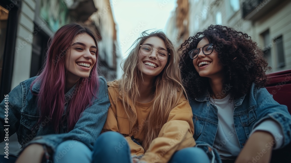 Three smiling young women enjoy a sunny day in an urban setting, laughing and sharing moments of friendship on a city street Three smiling young women enjoy a sunny day in an urban setting, laughing and sharing moments of friendship on a city street