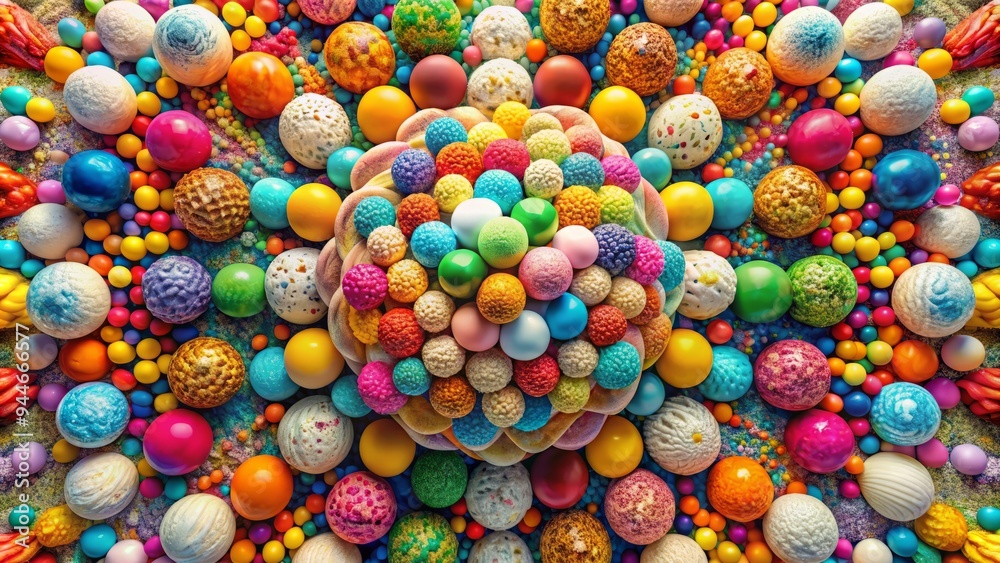A kaleidoscope of ice cream balls explodes into a vibrant, abstract pattern, symbolizing the beauty of chaos and disorder. A kaleidoscope of ice cream balls explodes into a vibrant, abstract pattern, symbolizing the beauty of chaos and disorder.