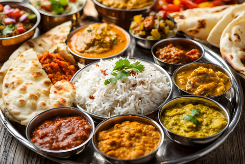 Close-up view of Indian thali with fragrant rice, creamy curries, and freshly made naan, showcasing vibrant Indian flavors.