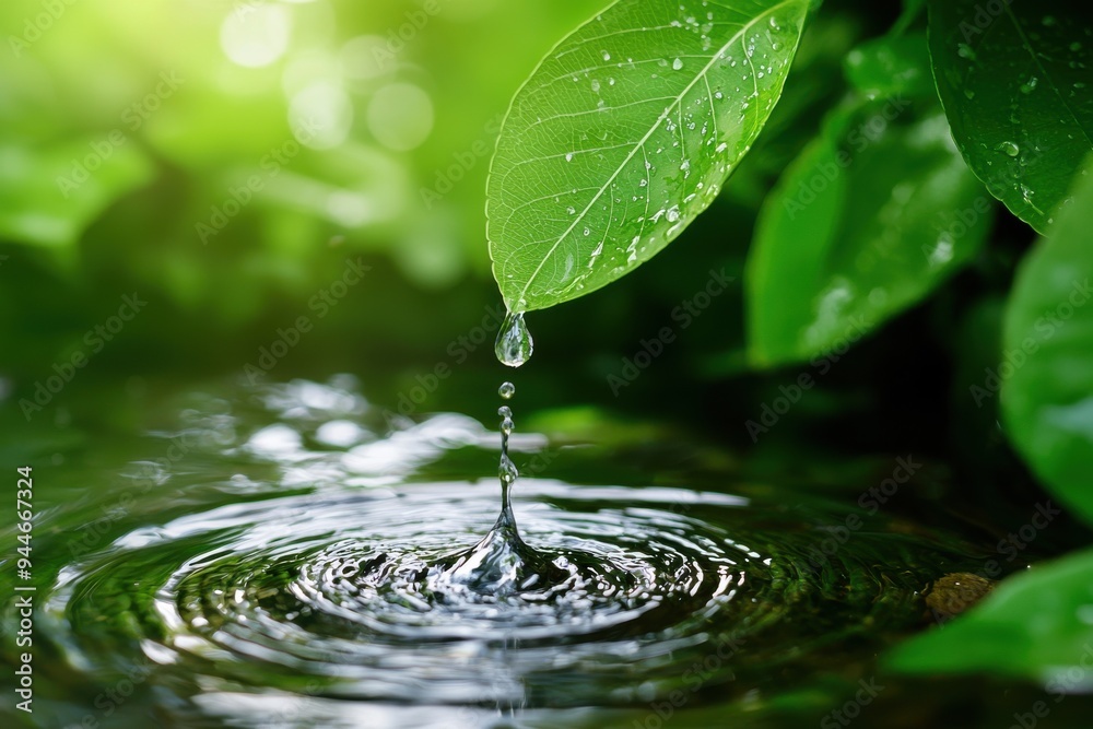 A droplet of water falls from a green leaf, creating ripples in a tranquil pond surrounded by lush nature. A droplet of water falls from a green leaf, creating ripples in a tranquil pond surrounded by lush nature.