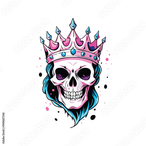 Illustration of a gothic skull queen wearing a pink and blue crown.