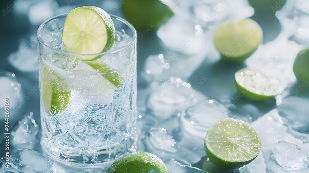 Refreshing sparkling lime water served in a transparent glass with ice cubes creating a crisp and zesty beverage perfect for a hot summer day Refreshing sparkling lime water served in a transparent glass with ice cubes creating a crisp and zesty beverage perfect for a hot summer day