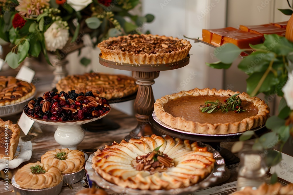 A beautifully arranged dessert table featuring pies and pastries A beautifully arranged dessert table featuring pies and pastries
