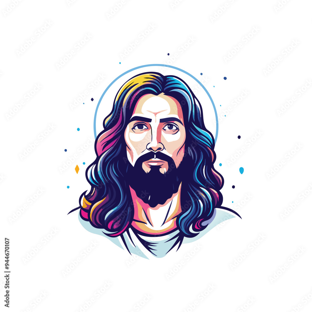 A colorful and stylized illustration of Jesus Christ with long hair and a beard, looking directly at the viewer. A colorful and stylized illustration of Jesus Christ with long hair and a beard, looking directly at the viewer.