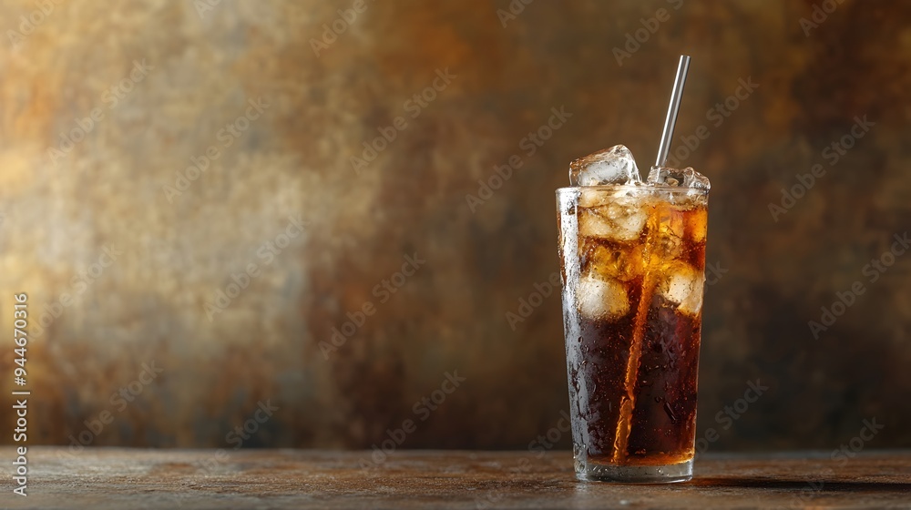 A tall clear glass filled with an icy cold bubbly and refreshing cola drink complete with floating ice cubes and a sleek straw for easy sipping The beverage is condensation beaded tempting A tall clear glass filled with an icy cold bubbly and refreshing cola drink complete with floating ice cubes and a sleek straw for easy sipping The beverage is condensation beaded tempting