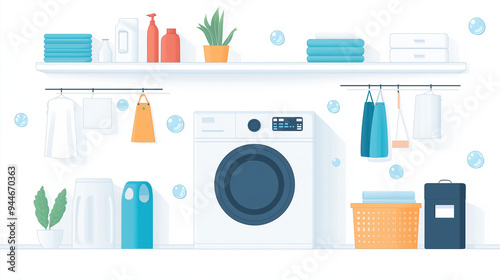 Vector illustration of a laundry room, with a washing machine and hanging on a line, surrounded by bubbles, in a clip art style, on a white background.