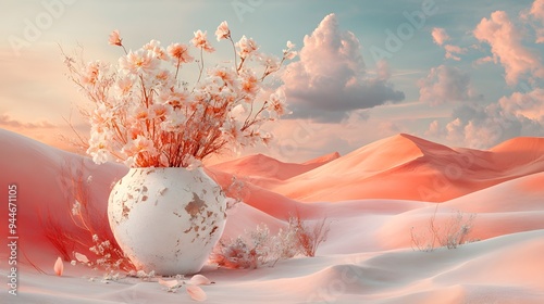 A shattered vase with delicate flowers clinging to its edges, set against a surreal desert with vivid sand dunes, soft pastel skies, and a dreamy atmosphere