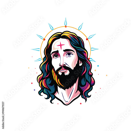 Colorful illustration of Jesus Christ with a cross on his forehead.