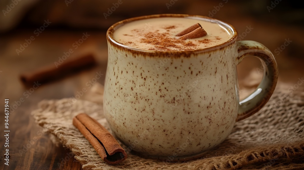 Comforting mug of freshly brewed spiced chai tea with cinnamon steam rising on a rustic wooden surface with ample copy space for text overlay Comforting mug of freshly brewed spiced chai tea with cinnamon steam rising on a rustic wooden surface with ample copy space for text overlay