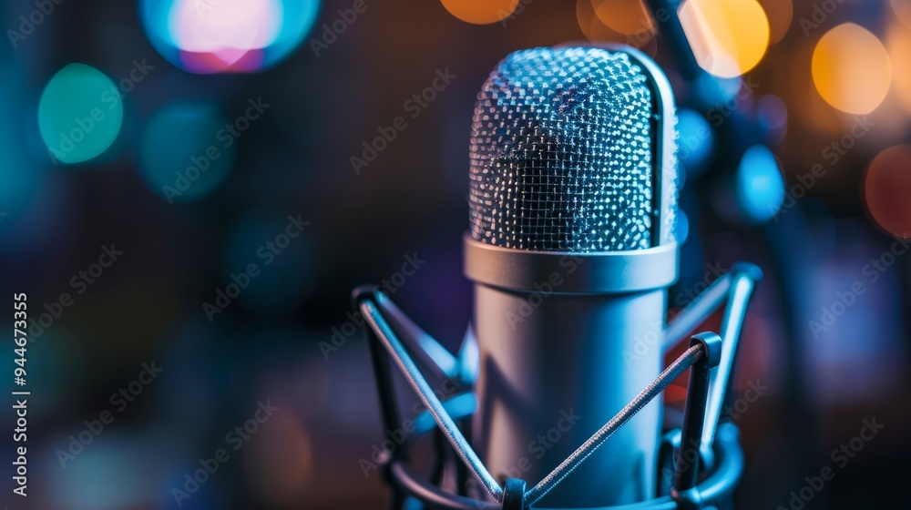 Close-up shot of a professional microphone in a studio setting with colorful bokeh lights in the background. Close-up shot of a professional microphone in a studio setting with colorful bokeh lights in the background.