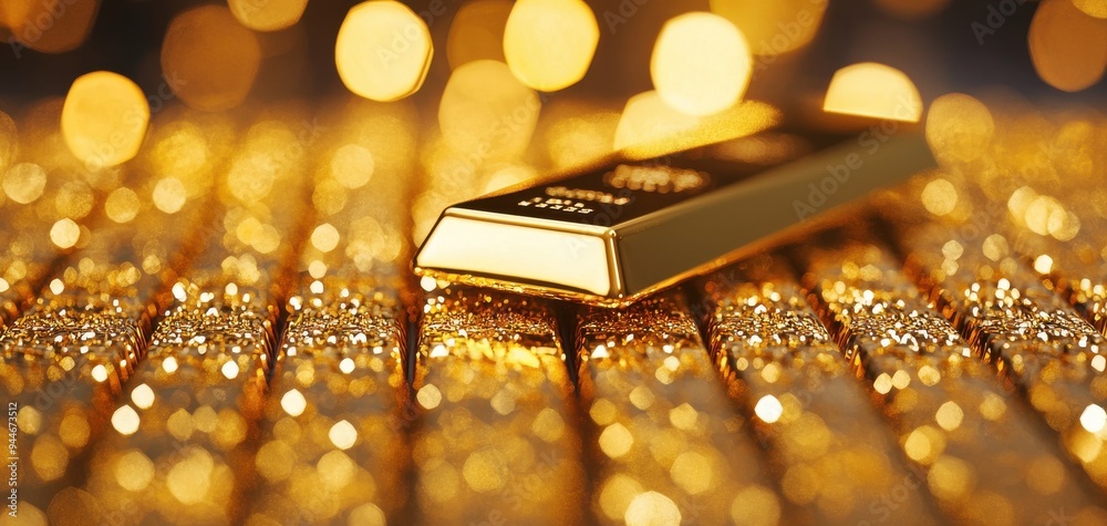 A shining gold bar rests on a bed of sparkling gold, reflecting luxurious wealth and elegance in a mesmerizing display. A shining gold bar rests on a bed of sparkling gold, reflecting luxurious wealth and elegance in a mesmerizing display.